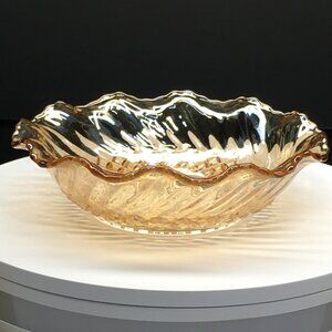 Vintage Indiana Carnival Amber Glass Bowl Round Scalloped Edged 7.5"